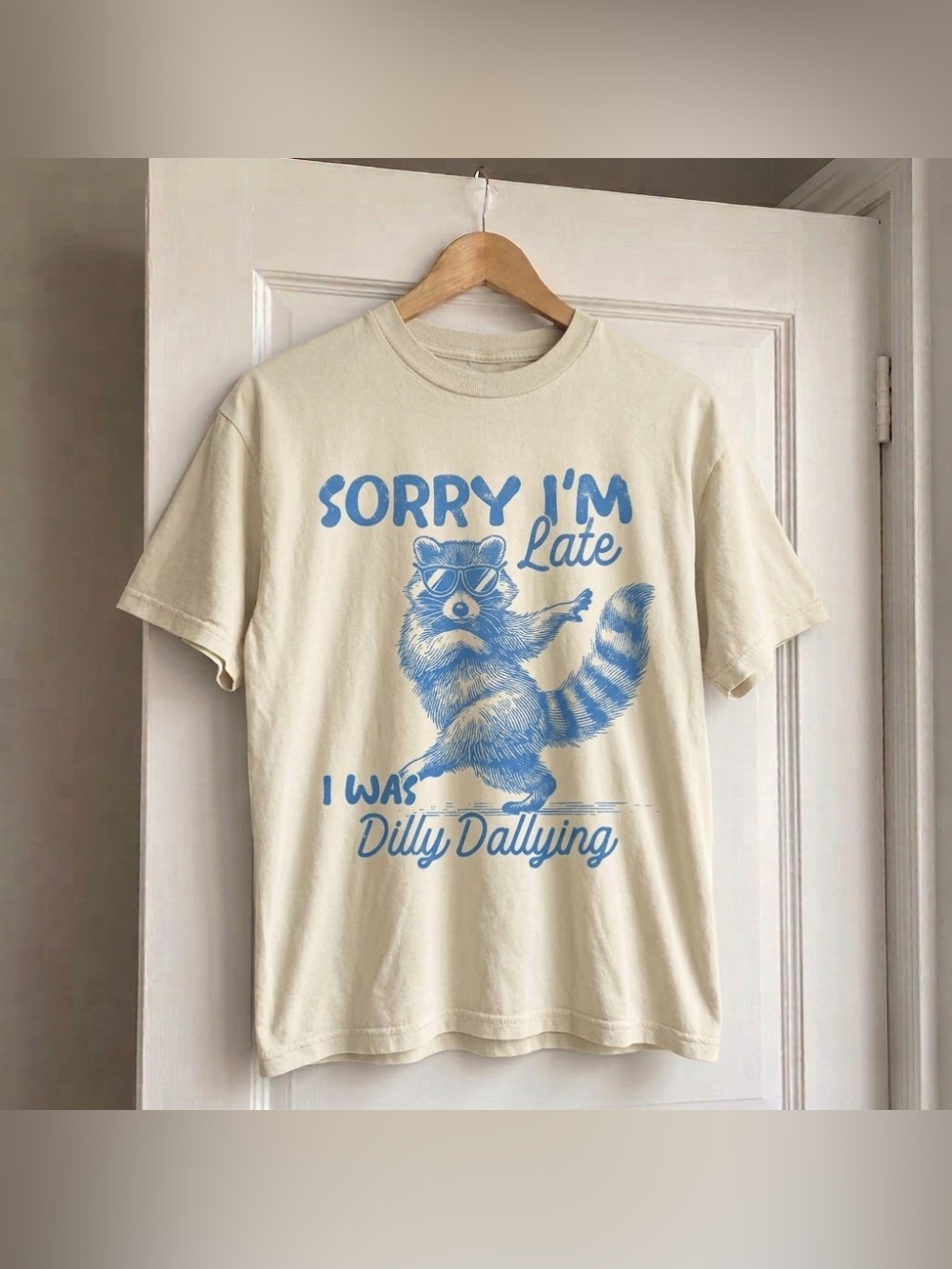Men's Cream Graphic T-Shirt with Blue Raccoon Print